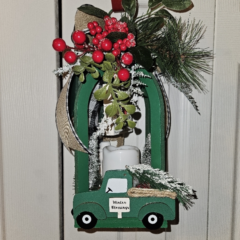 Green Holiday Lantern with Truck and Berry Accents